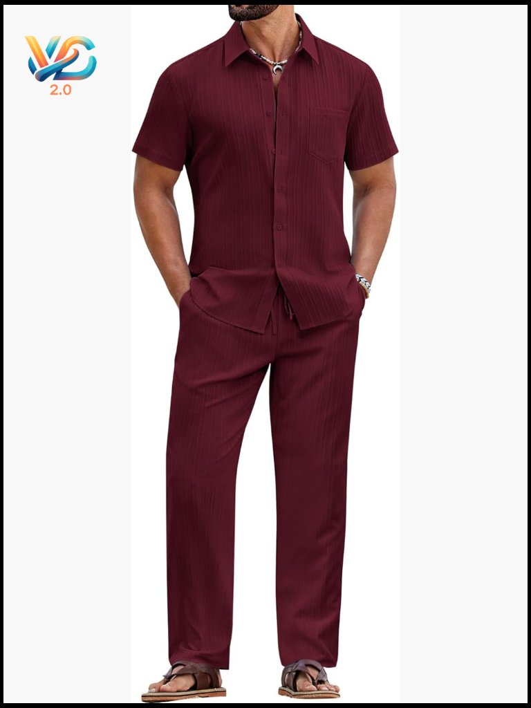Mens 2 Piece Short Sleeve Button Down Shirt And Loose Pant Set Summer Outfit